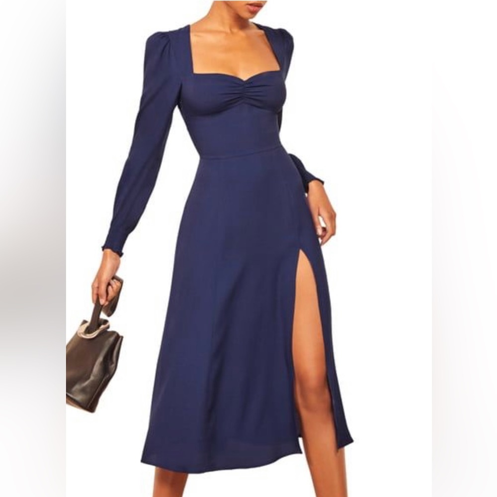 Reformation Navy Long Sleeve Square Neck Midi Dress with Thigh Slit
